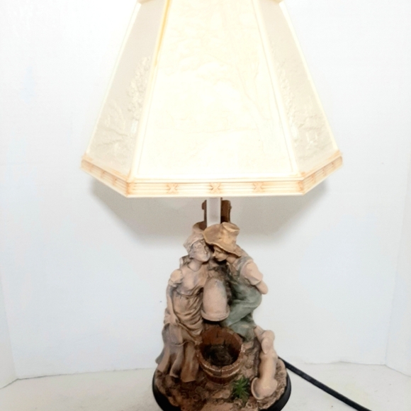 Vintage 6 Panel Relief Shade Boy/Girl/Dog at Waterpump Novelty Lamp. - Picture 1 of 11